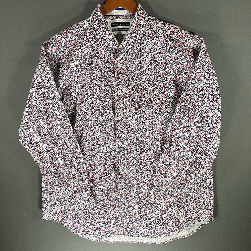Report Collection Mens 17.5 34/35 Floral Dress Shirt Slim Fit Button‎ Up